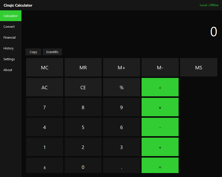 Cinqic Calculator running on Windows, showing the standard calculator view with a dark theme and lime green operator keys.