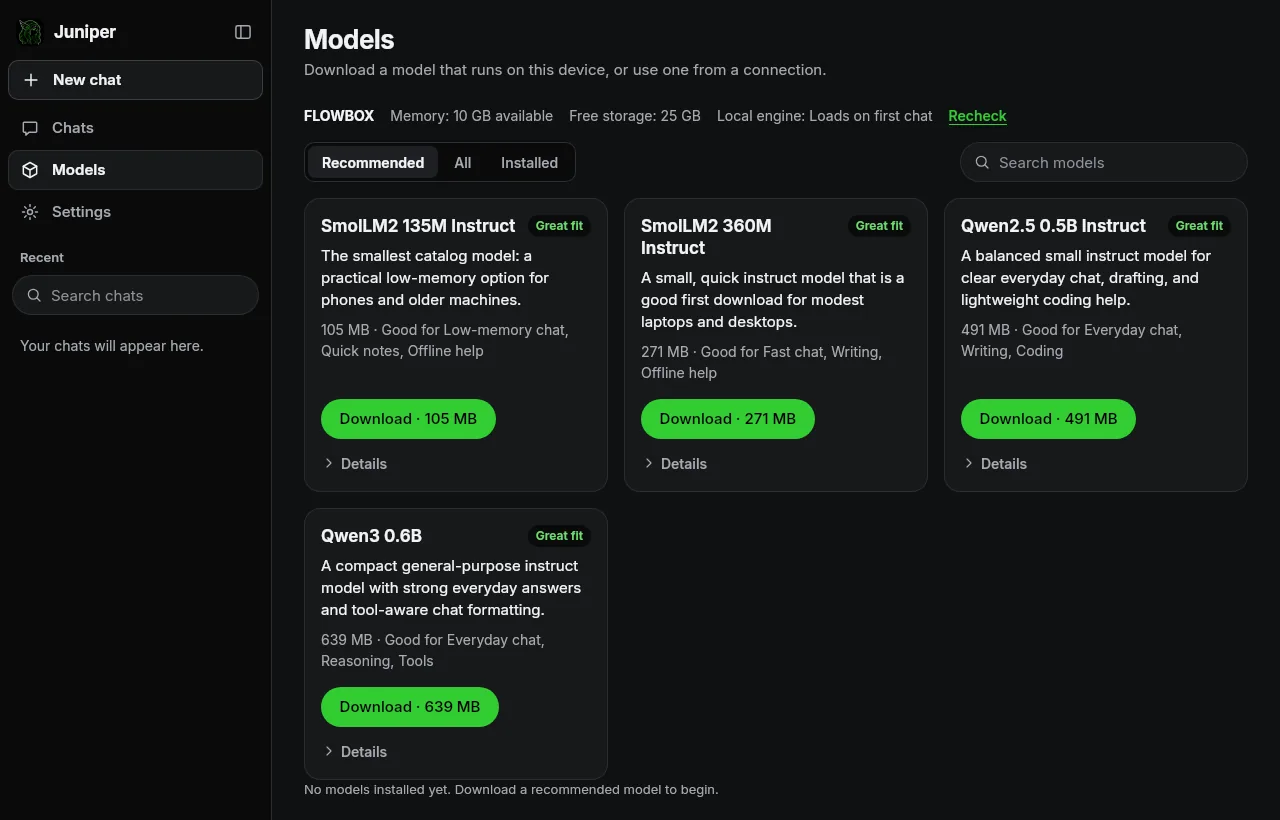 Juniper Models screen: device memory and free storage, Recommended, All and Installed filters, and model cards showing size, what each model is good for, fit, and a download button.